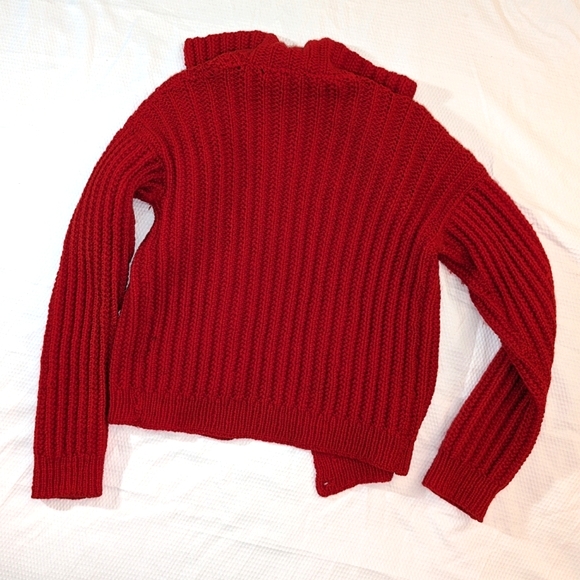 Red Chunky Crocheted Cardigan with Silver Crest Buttons - Medium - Picture 3 of 5